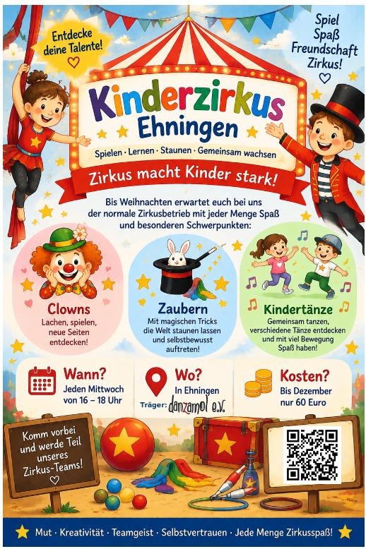 Einladung zum Zirkuskurs mit Clowns und Zaubern für Grundschulkinder